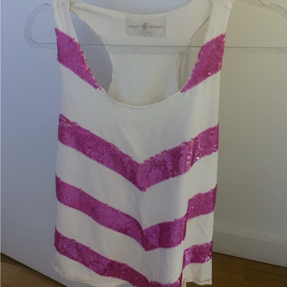 Vogue & Brown White Tank with Pink Sequin Stripes
